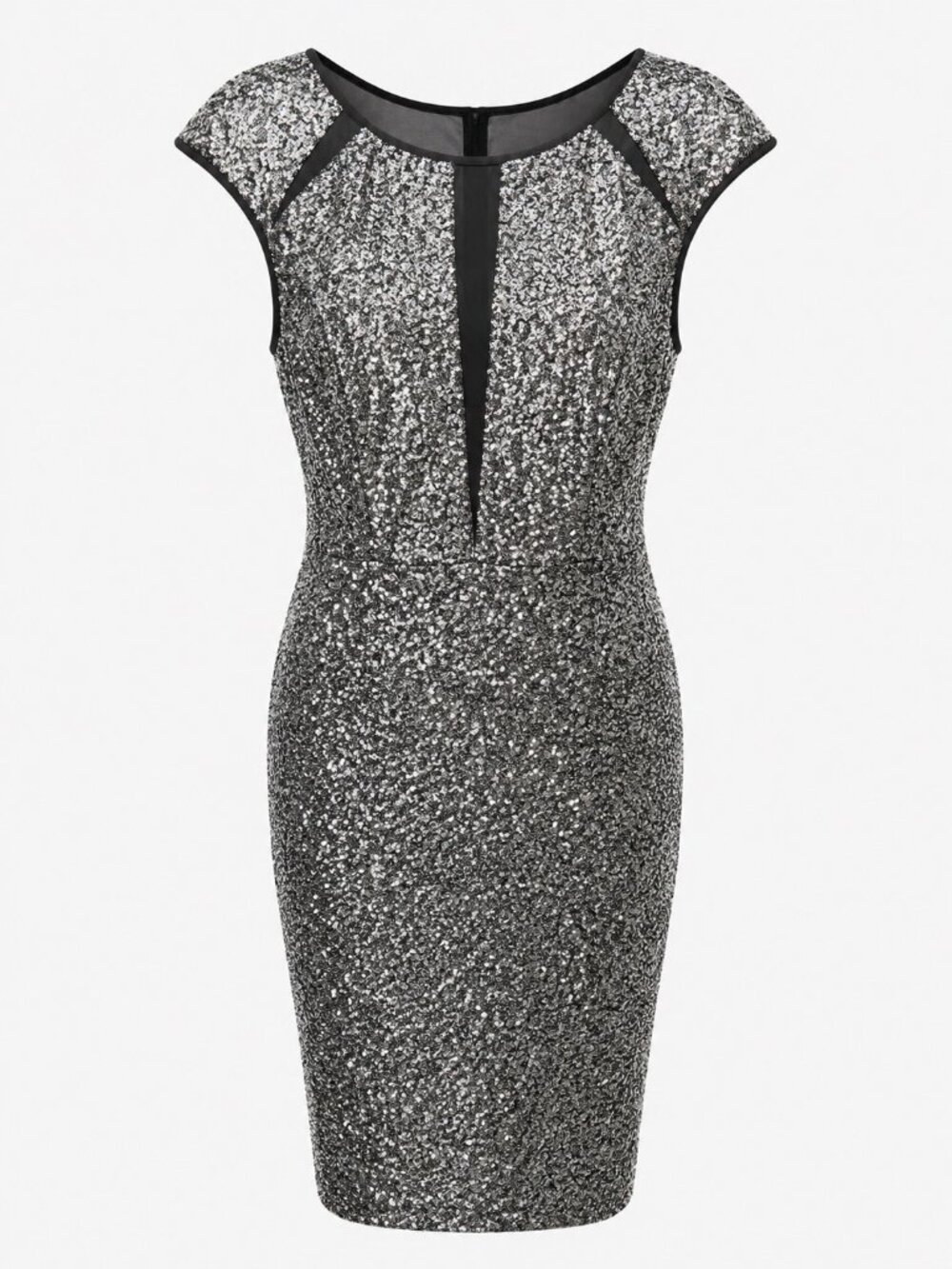 Nicole Miller New York Silver Sequin Sheath Dress With Mesh Paneling & Cap Sleev